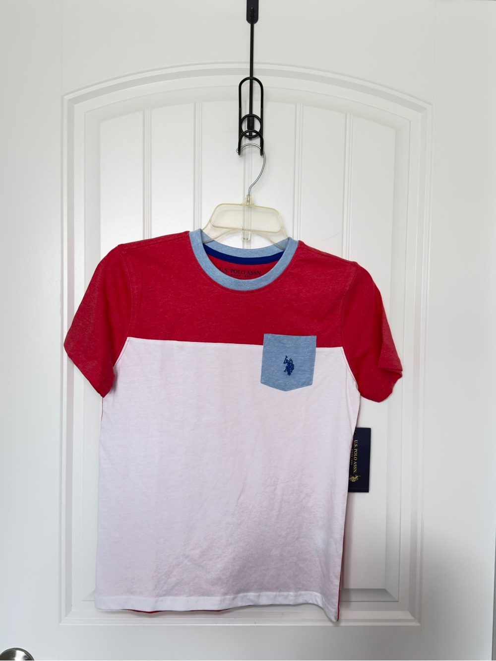 U.S Polo Assn Boys Pocket T Shirt Red White Color-Block Design Blue Logo 10-12